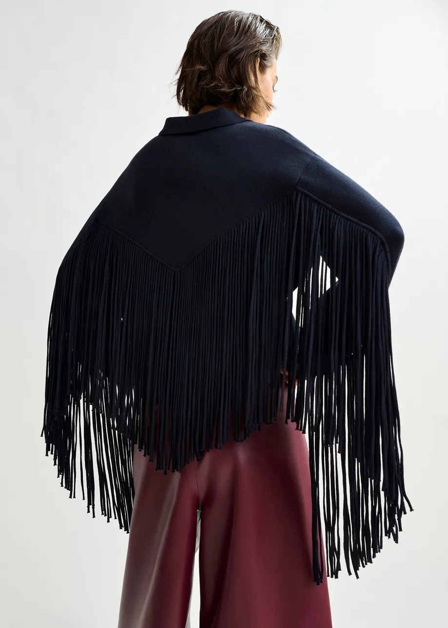 Navy cropped knitted jacket with fringe details
