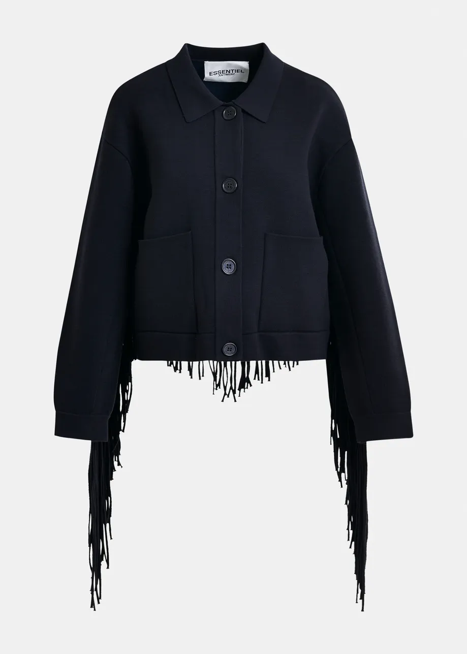 Navy cropped knitted jacket with fringe details