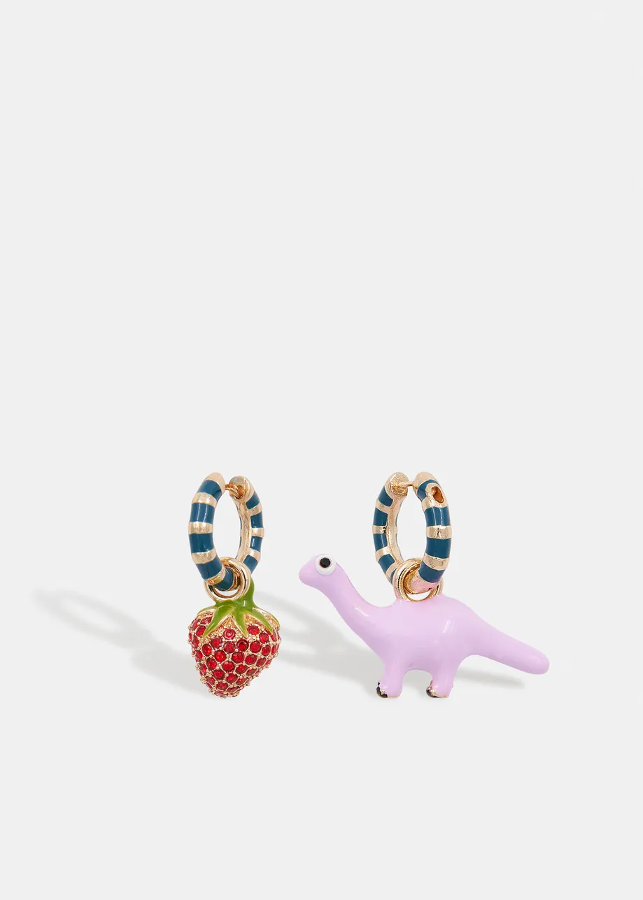 Gold and blue hoop earrings with dinosaur and strawberry pendants
