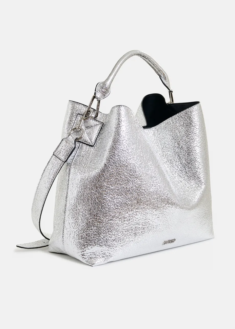 Silver metallic shopper bag with detachable shoulder strap