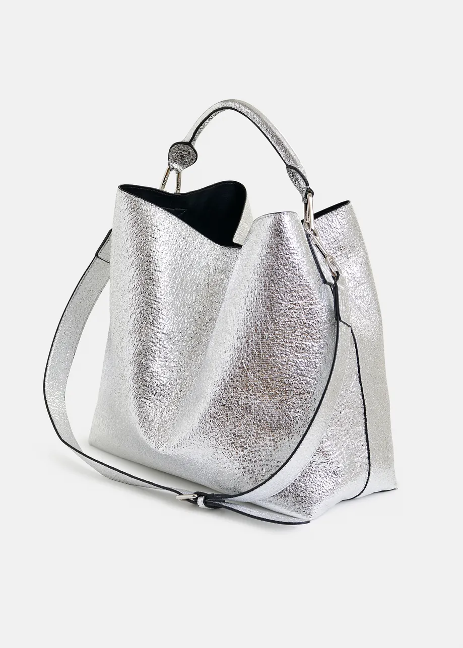 Silver metallic shopper bag with detachable shoulder strap