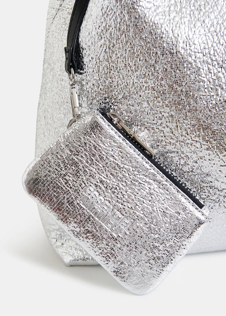 Silver metallic shopper bag with detachable shoulder strap