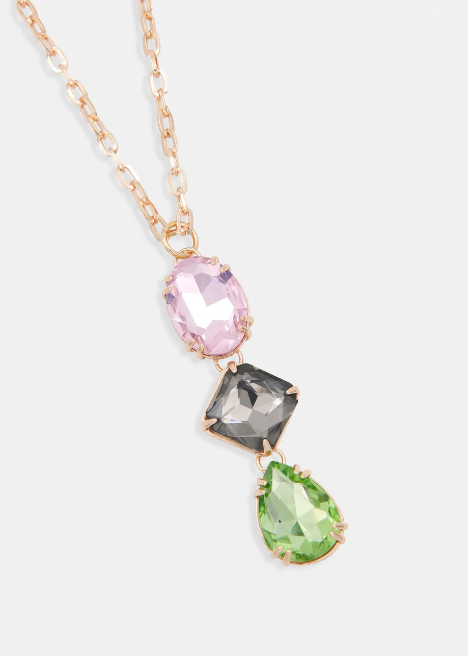 Pink, black and green gold-tone rhinestone necklace