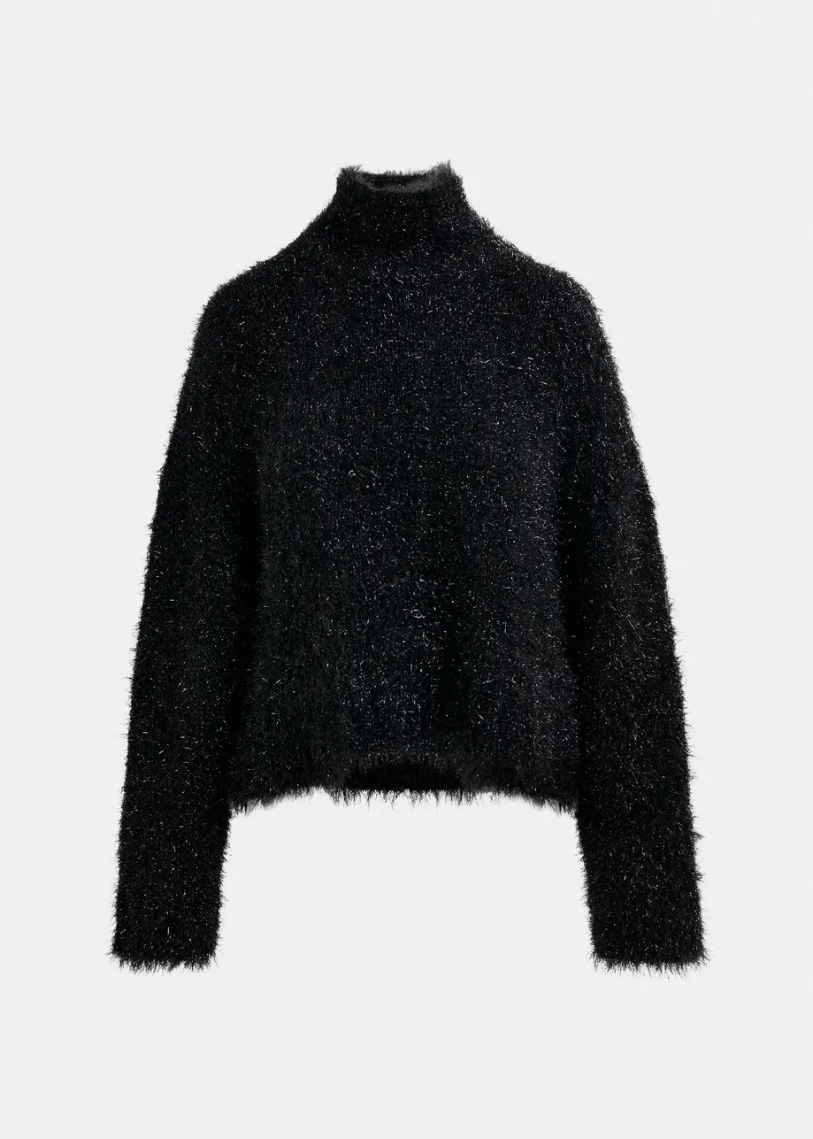Black metallic mock-neck sweater with pussy-bow tie