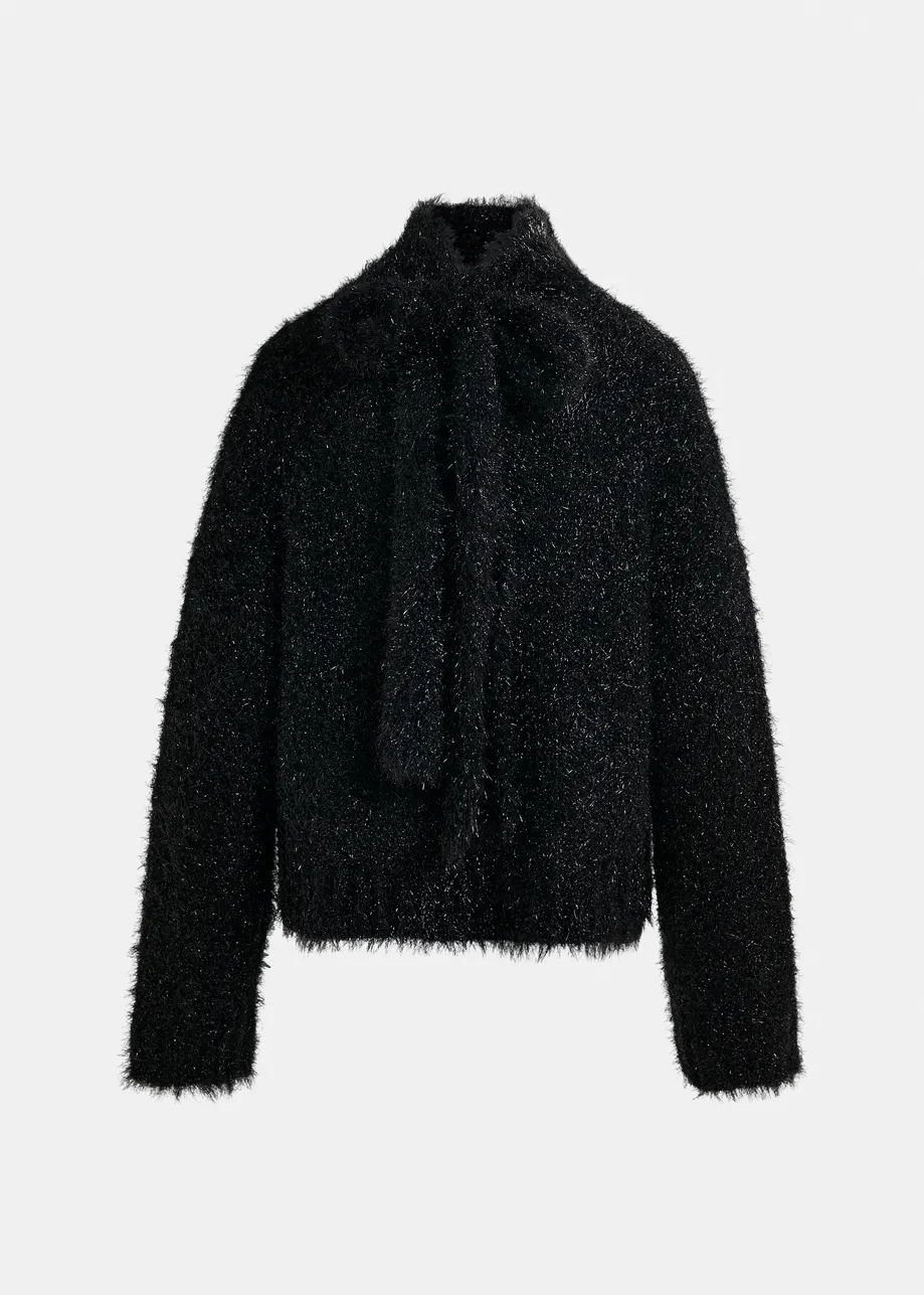 Black metallic mock-neck sweater with pussy-bow tie