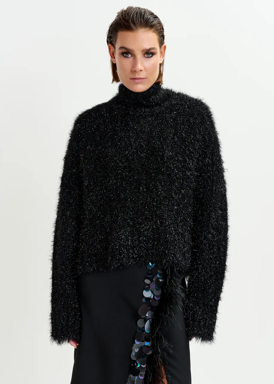 Black metallic mock-neck sweater with pussy-bow tie
