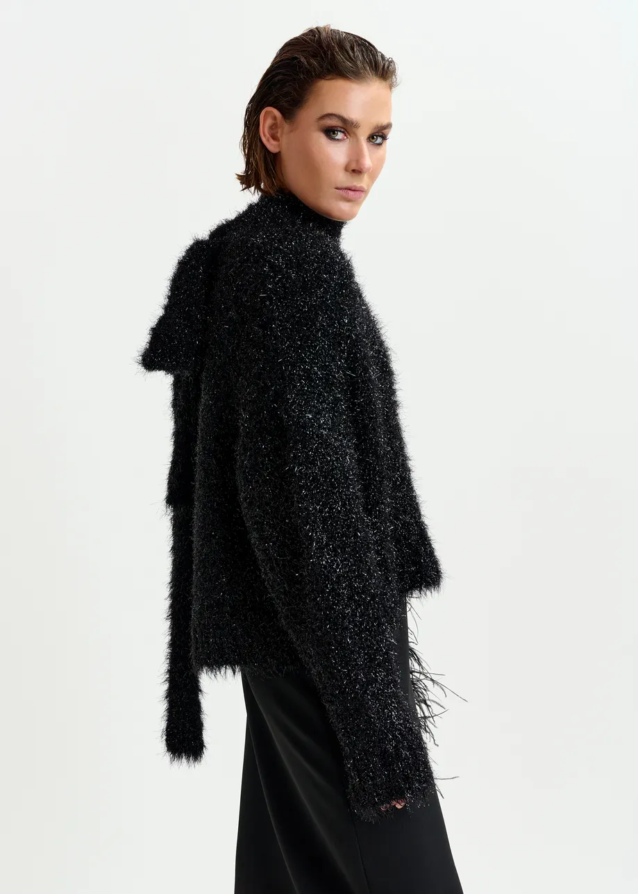 Black metallic mock-neck sweater with pussy-bow tie