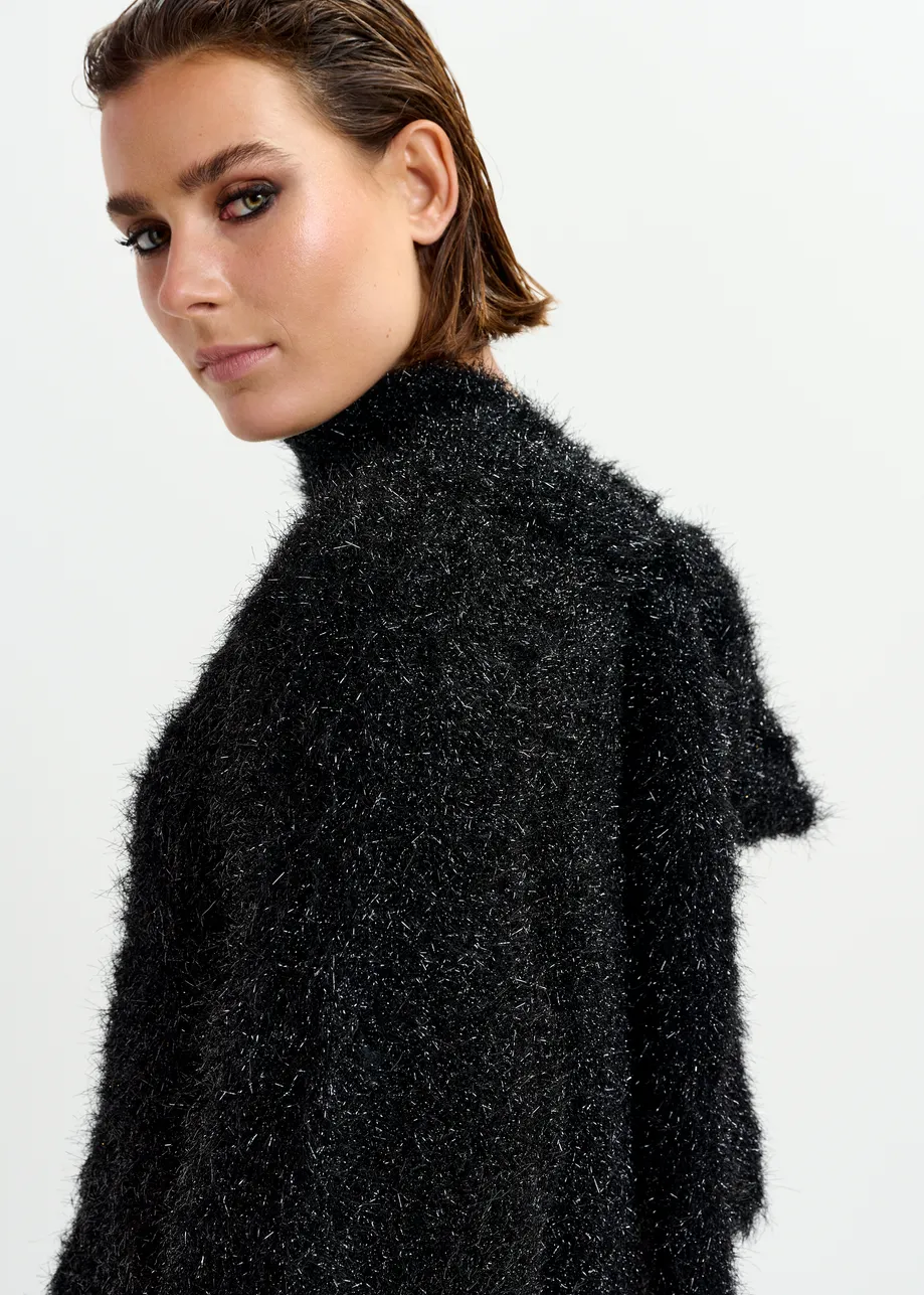 Black metallic mock-neck sweater with pussy-bow tie