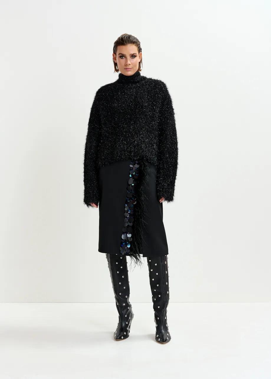 Black metallic mock-neck sweater with pussy-bow tie
