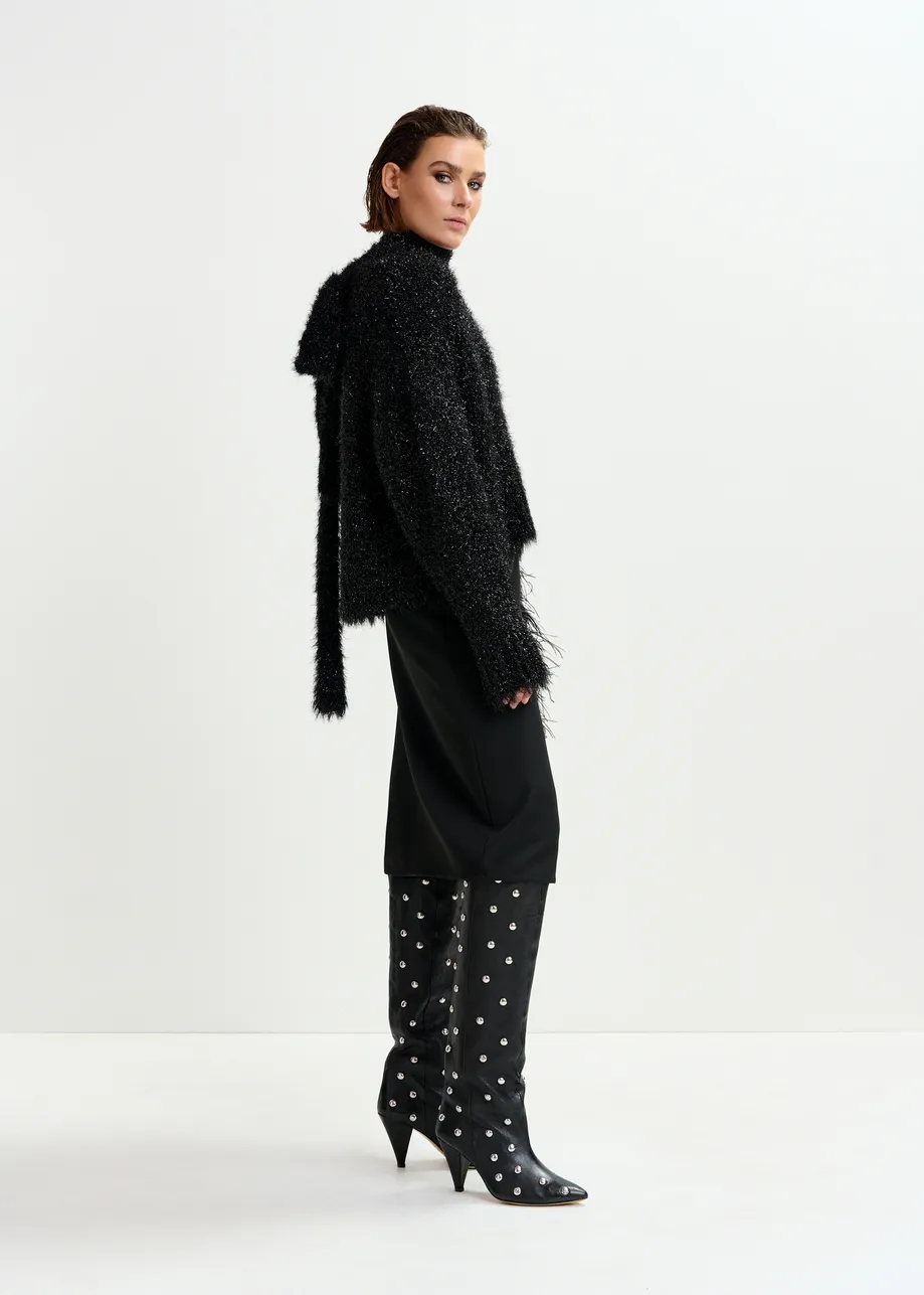 Black metallic mock-neck sweater with pussy-bow tie
