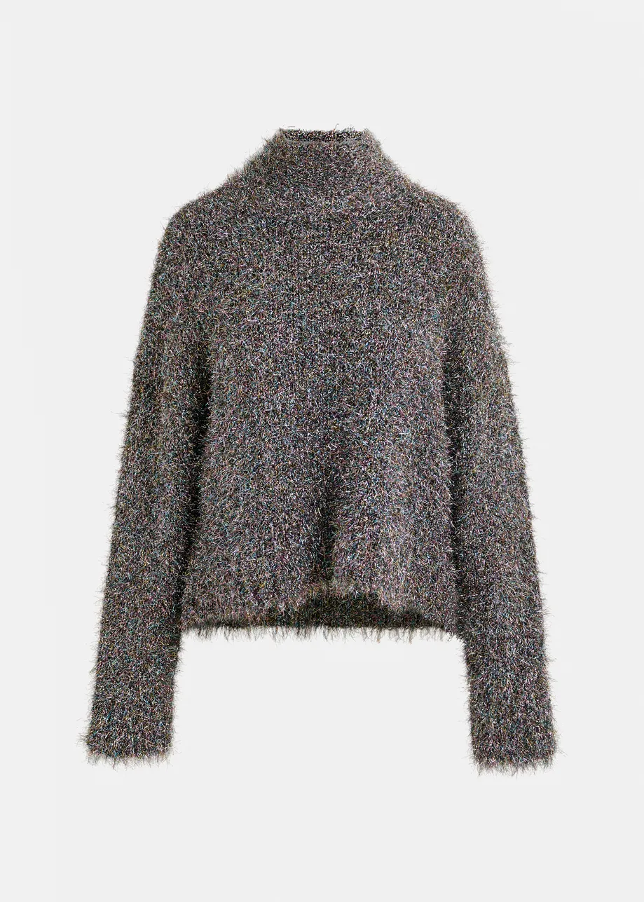 Maglione grigio metallizzato con collo lupetto e papillon