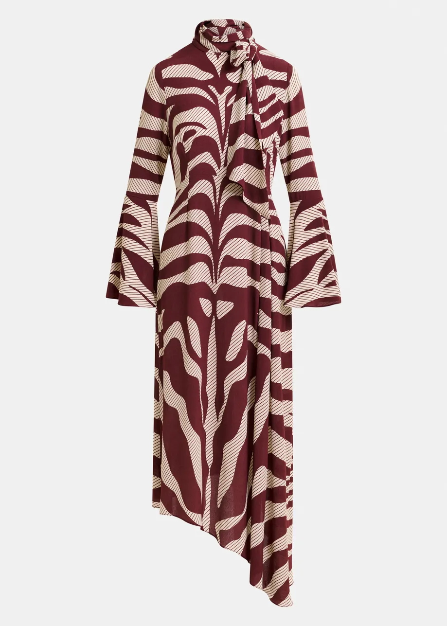 Off-white and burgundy asymmetric zebra-print maxi dress with pussy bow tie