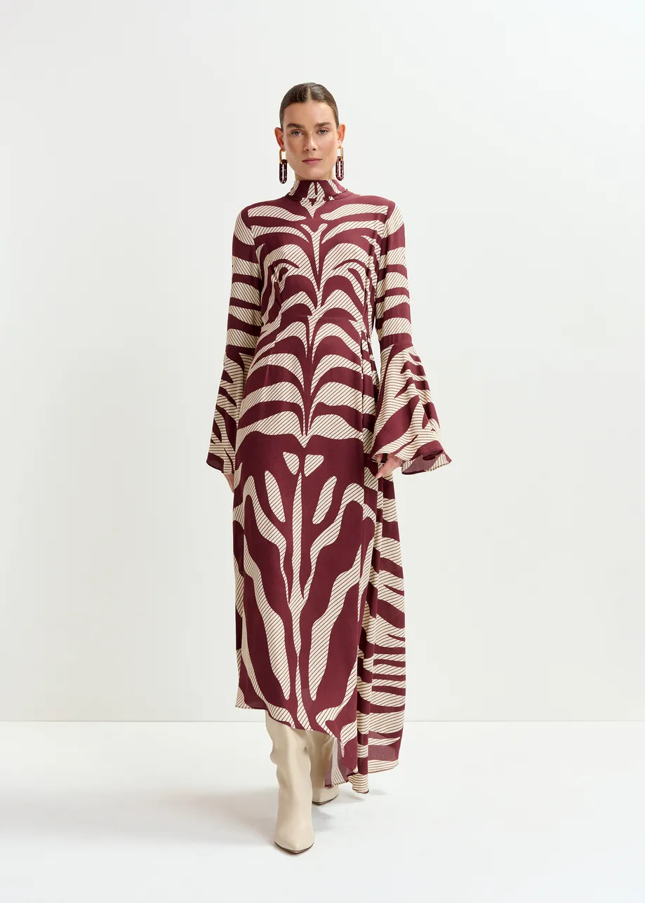 Off-white and burgundy asymmetric zebra-print maxi dress with pussy bow tie