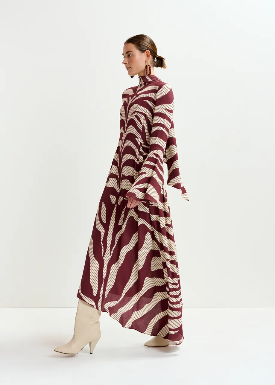 Off-white and burgundy asymmetric zebra-print maxi dress with pussy bow tie