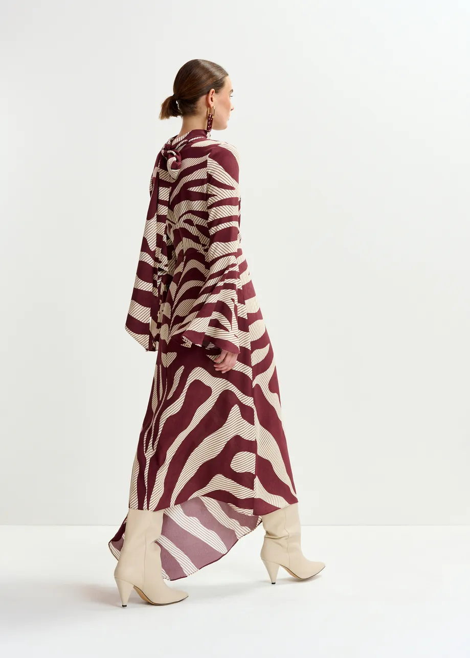Off-white and burgundy asymmetric zebra-print maxi dress with pussy bow tie