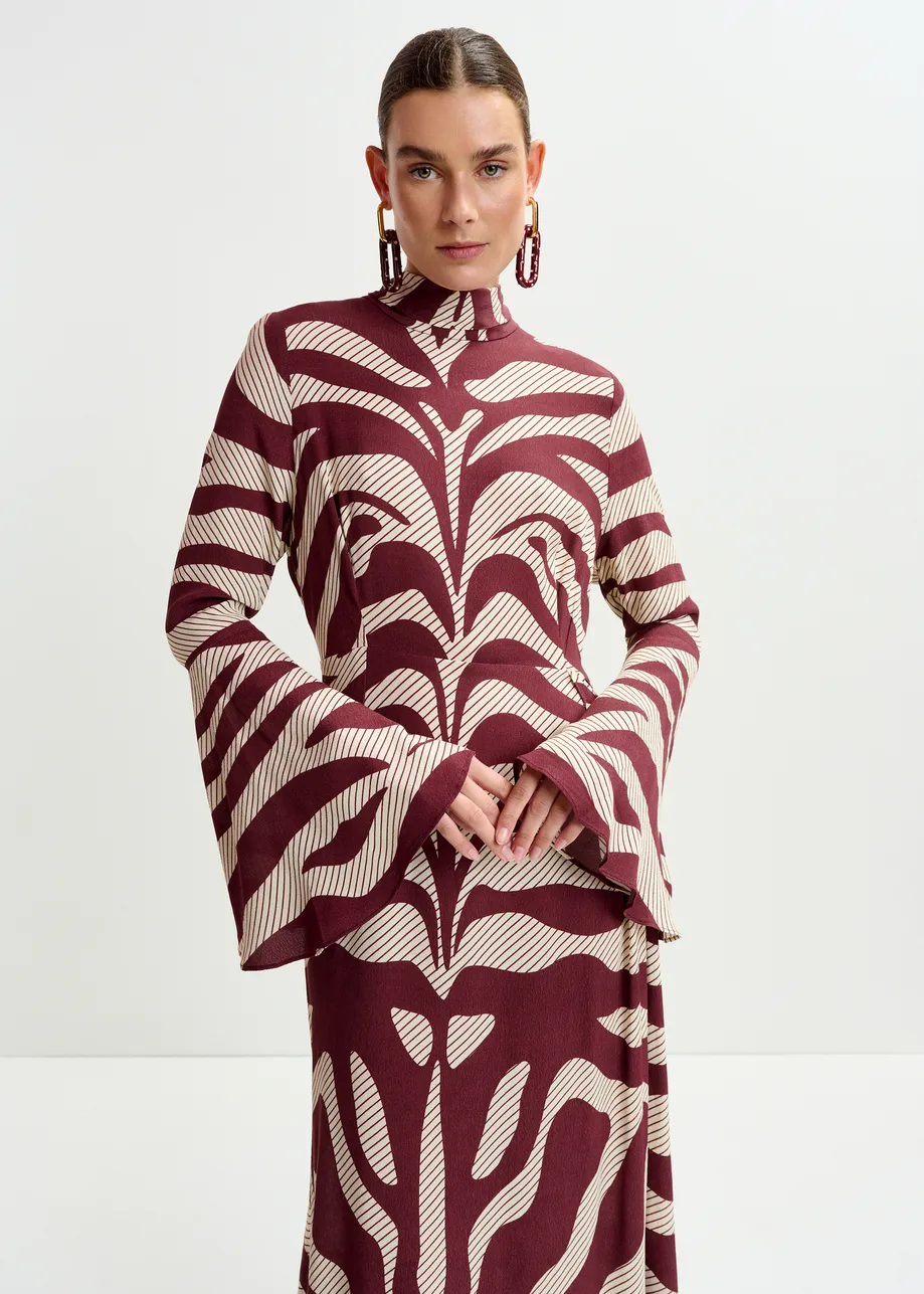 Off-white and burgundy asymmetric zebra-print maxi dress with pussy bow tie