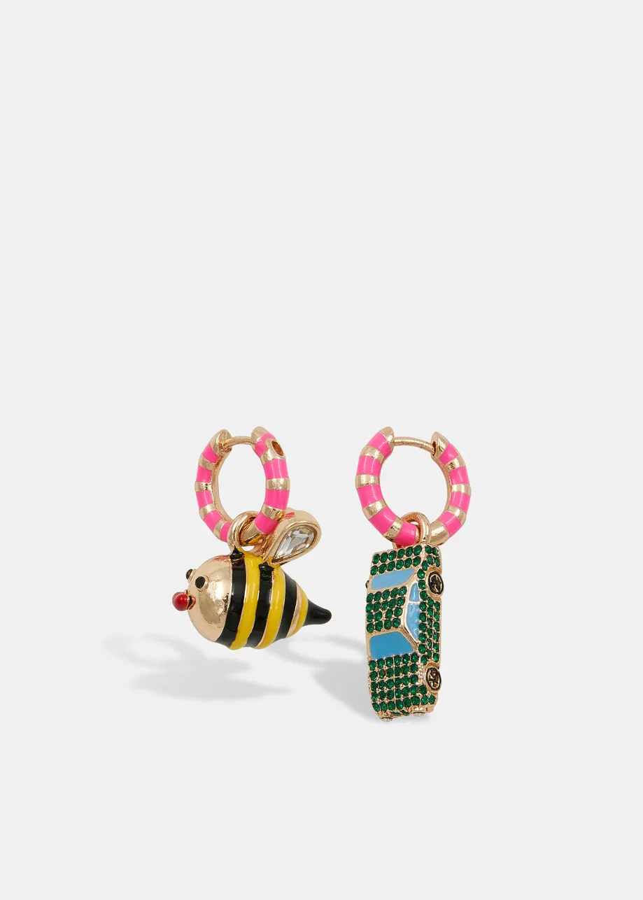 Pink and gold hoop earrings with bee and car