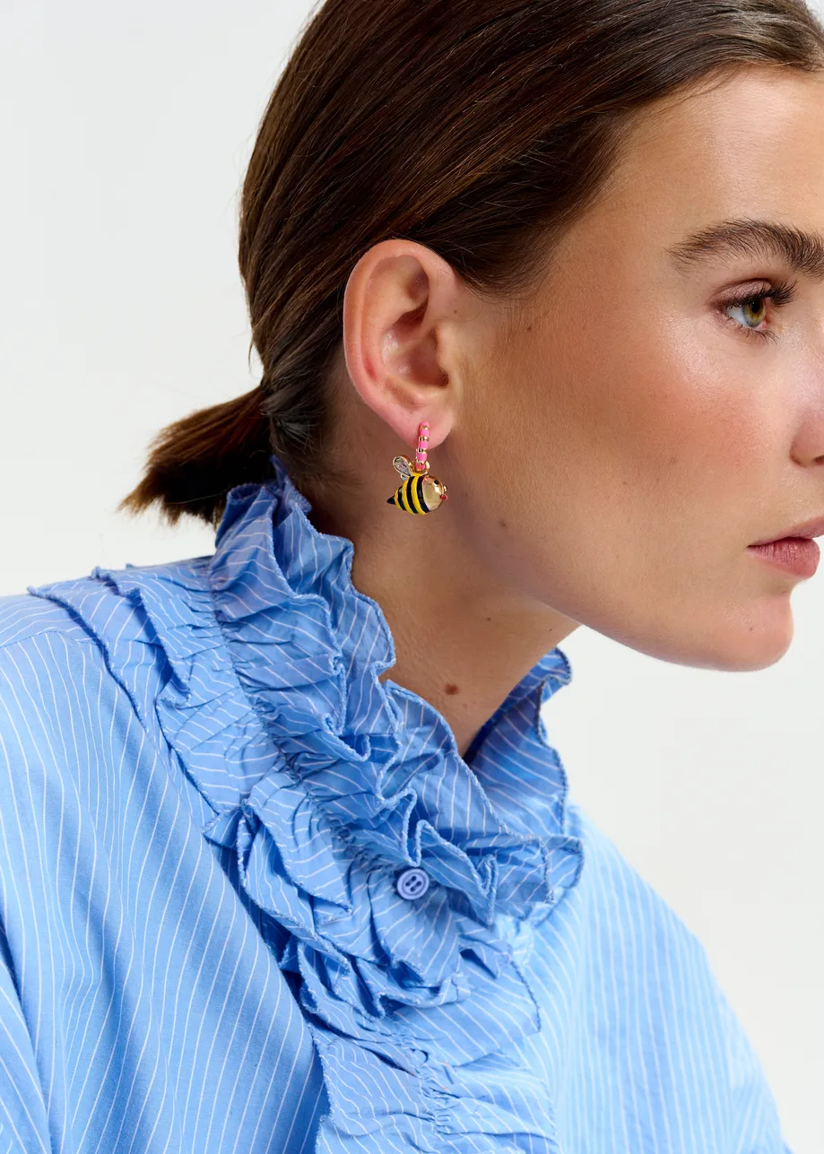 Pink and gold hoop earrings with bee and car