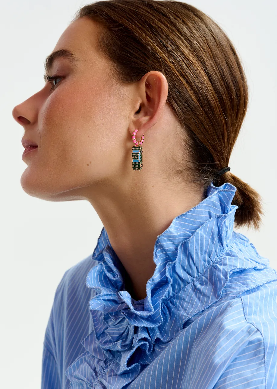 Pink and gold hoop earrings with bee and car