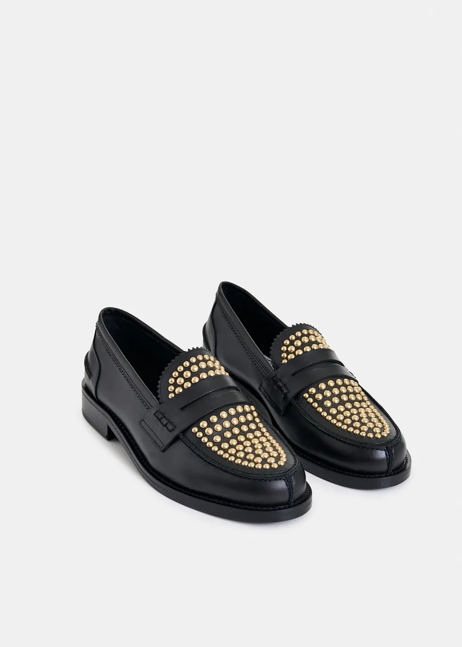 Black and gold leather loafers with stud embellishments