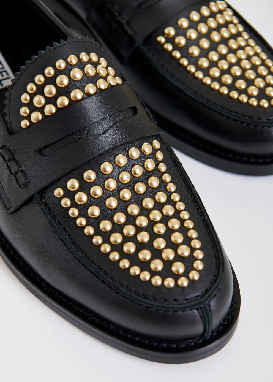 Black and gold leather loafers with stud embellishments