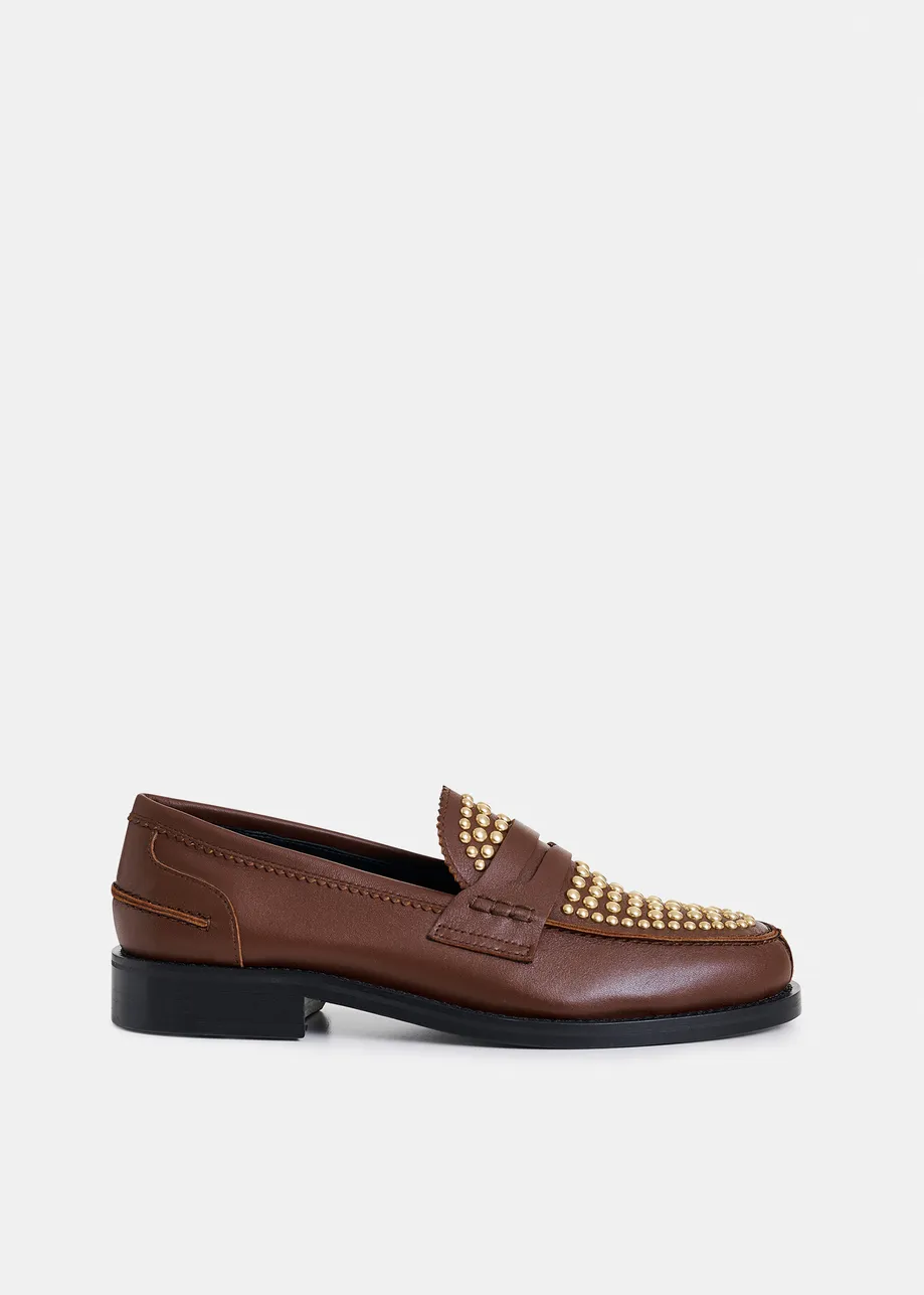 Brown and gold leather loafers with stud embellishments