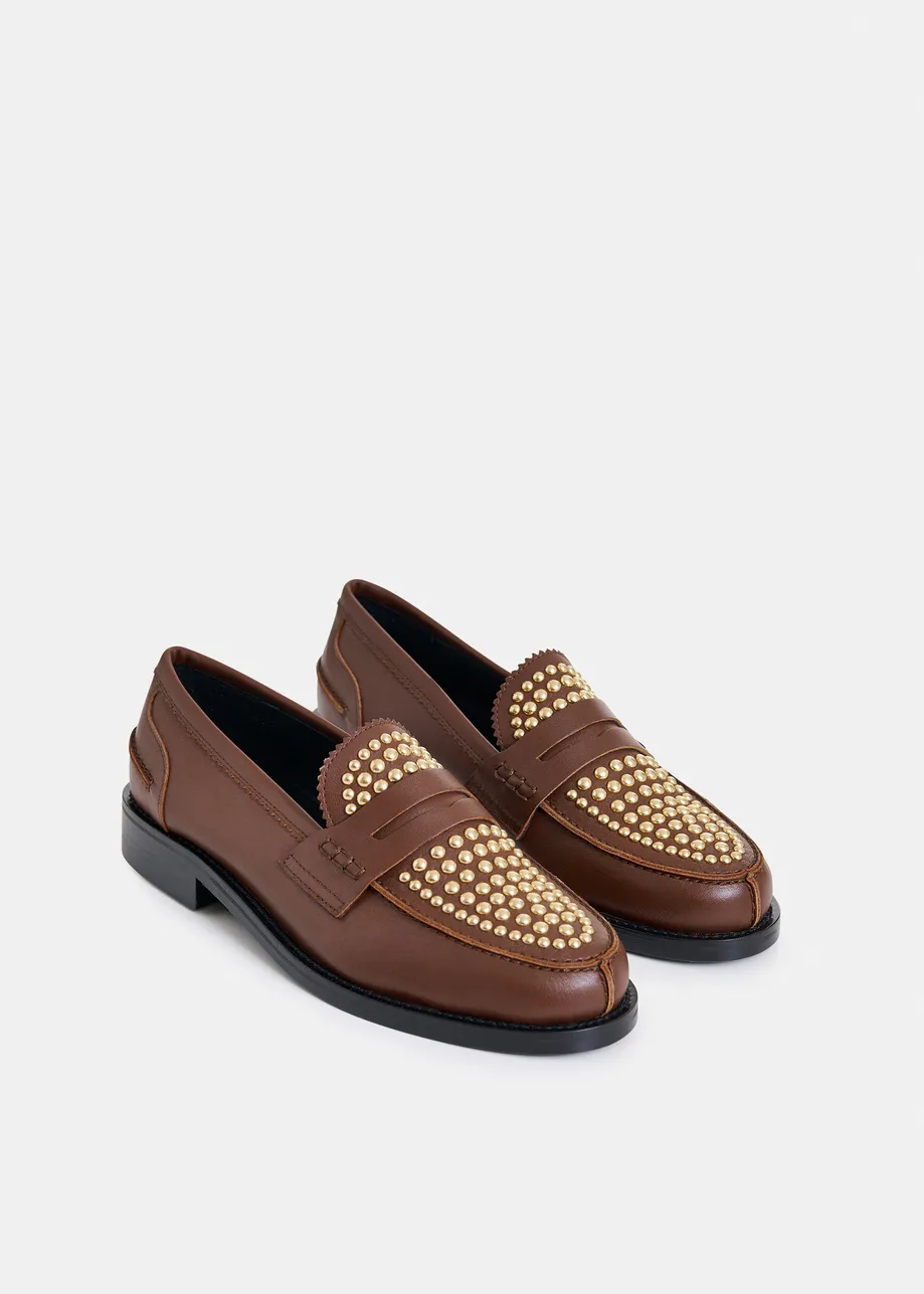 Bruine leren loafers met gouden studs
