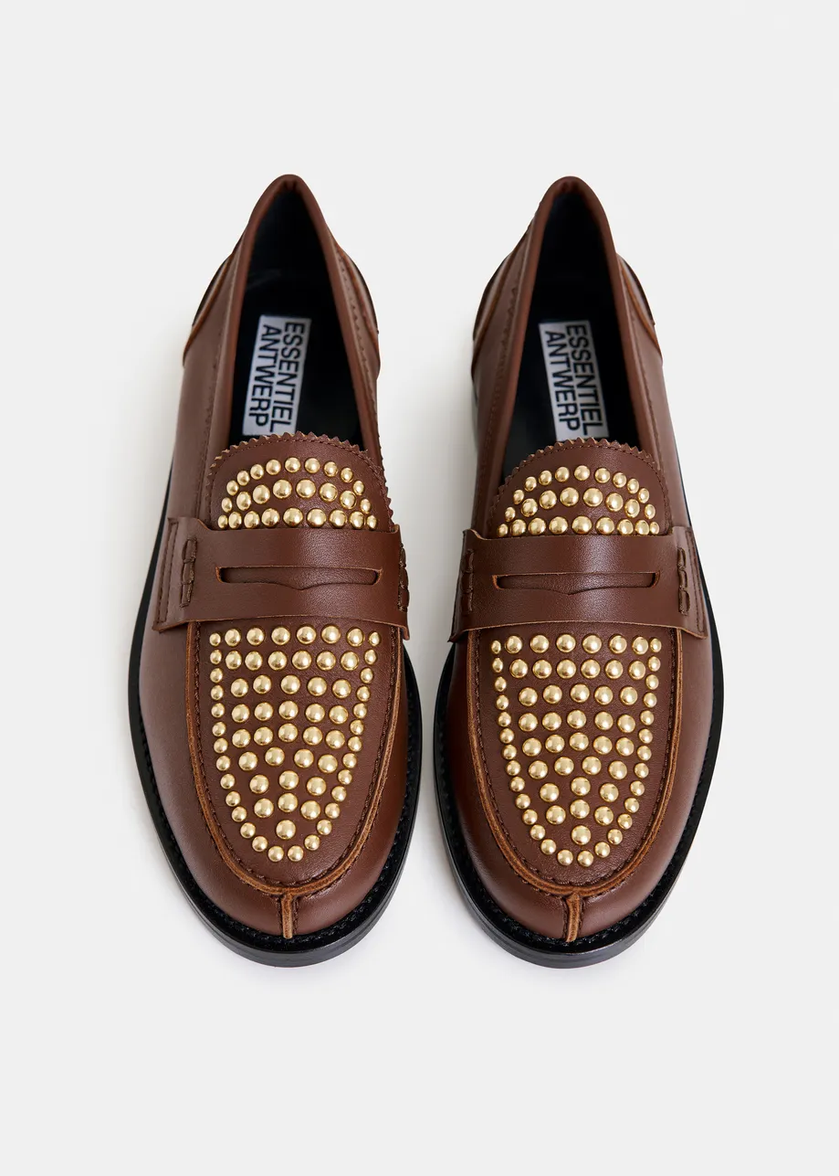 Bruine leren loafers met gouden studs