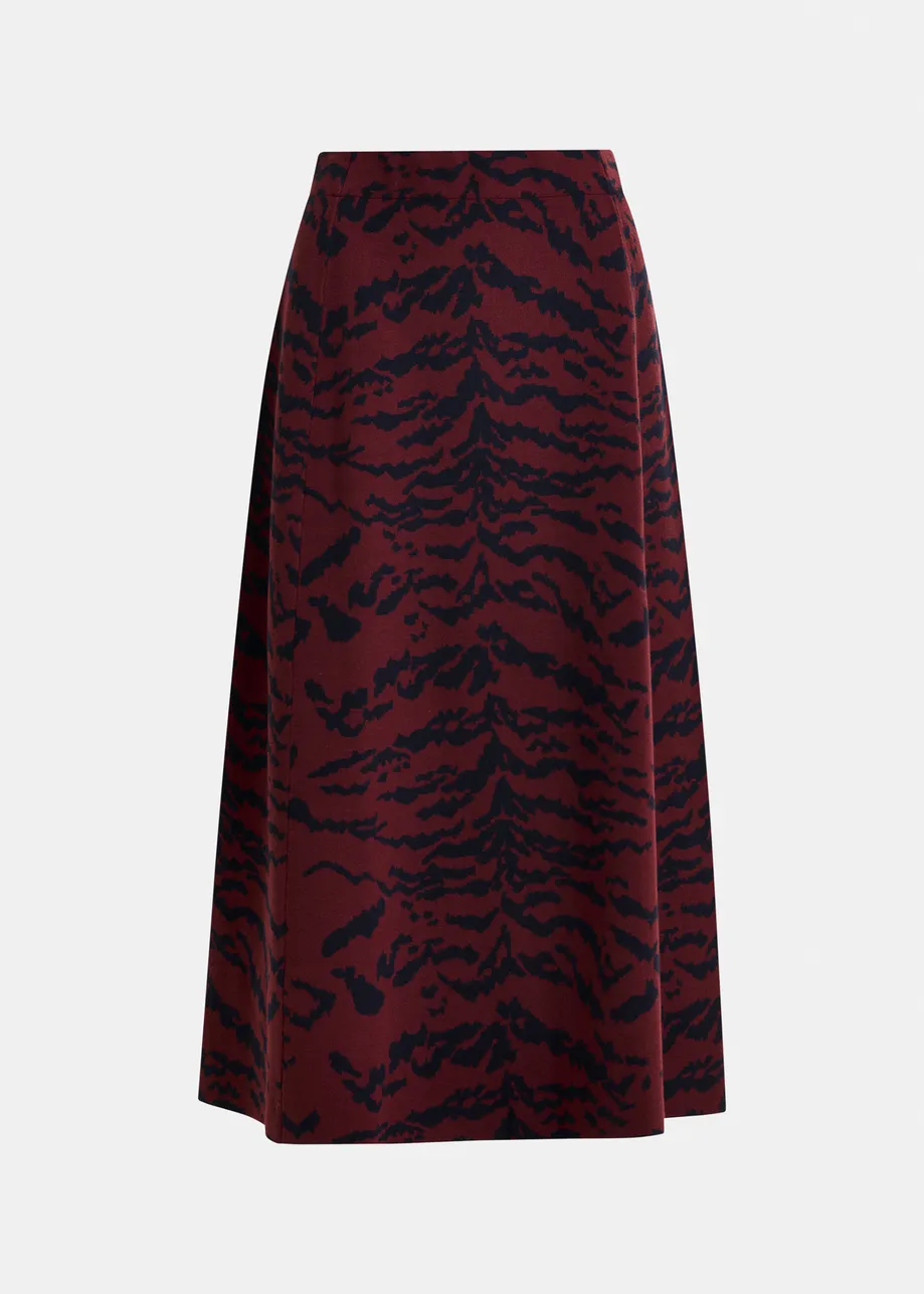 Burgundy and black zebra-print A-line knit midi skirt