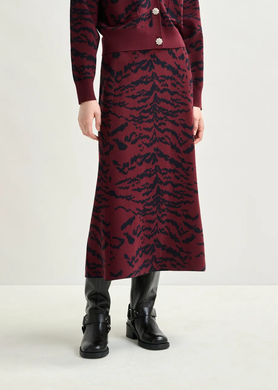 Burgundy and black zebra-print A-line knit midi skirt