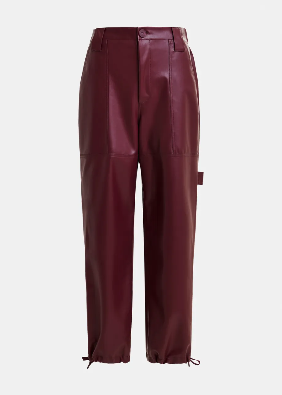 Burgundy faux leather tapered cargo pants