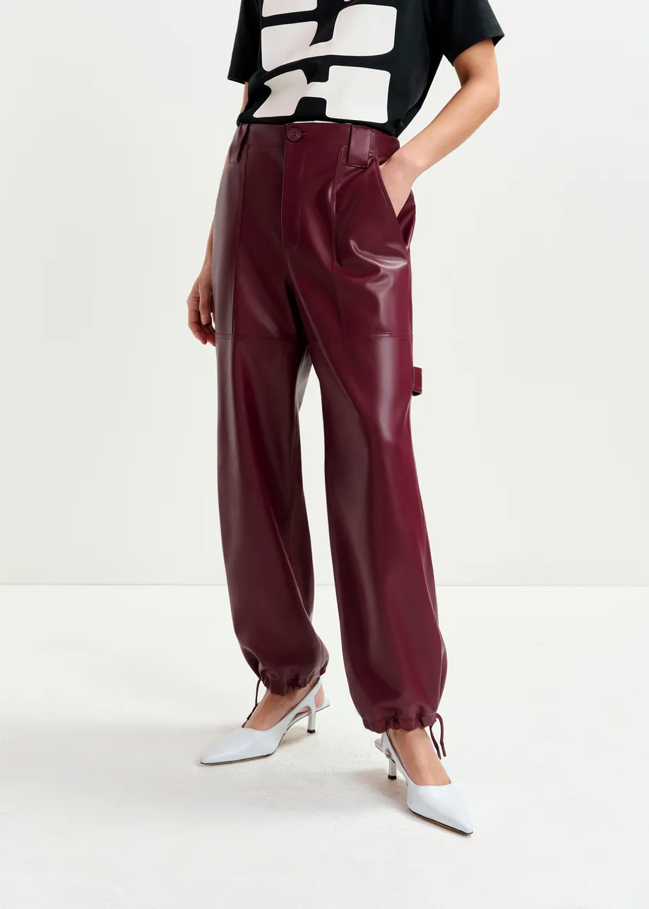 Burgundy faux leather tapered cargo pants