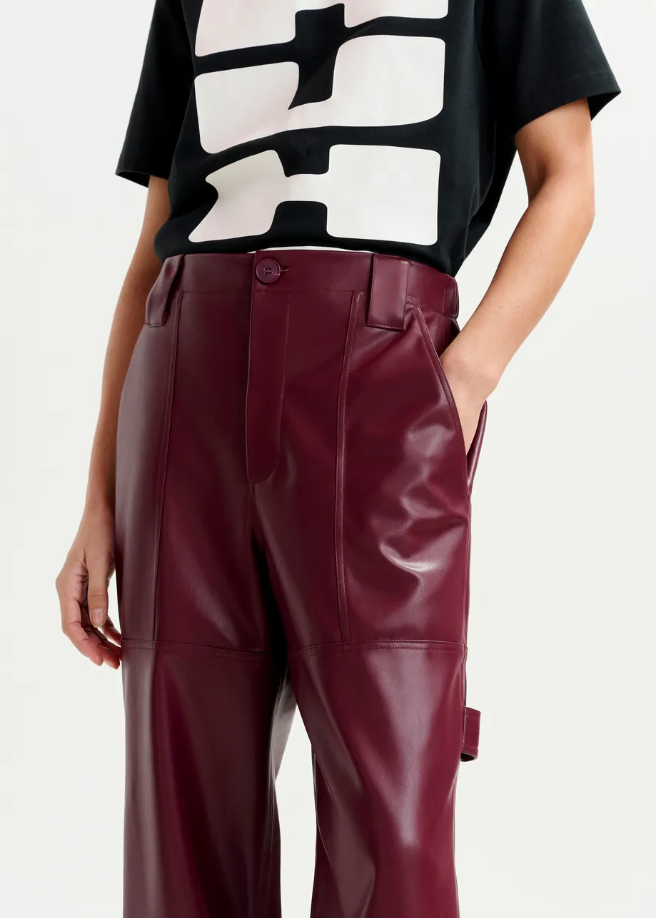 Burgundy faux leather tapered cargo pants