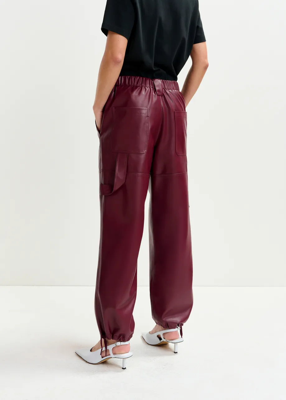 Burgundy faux leather tapered cargo pants