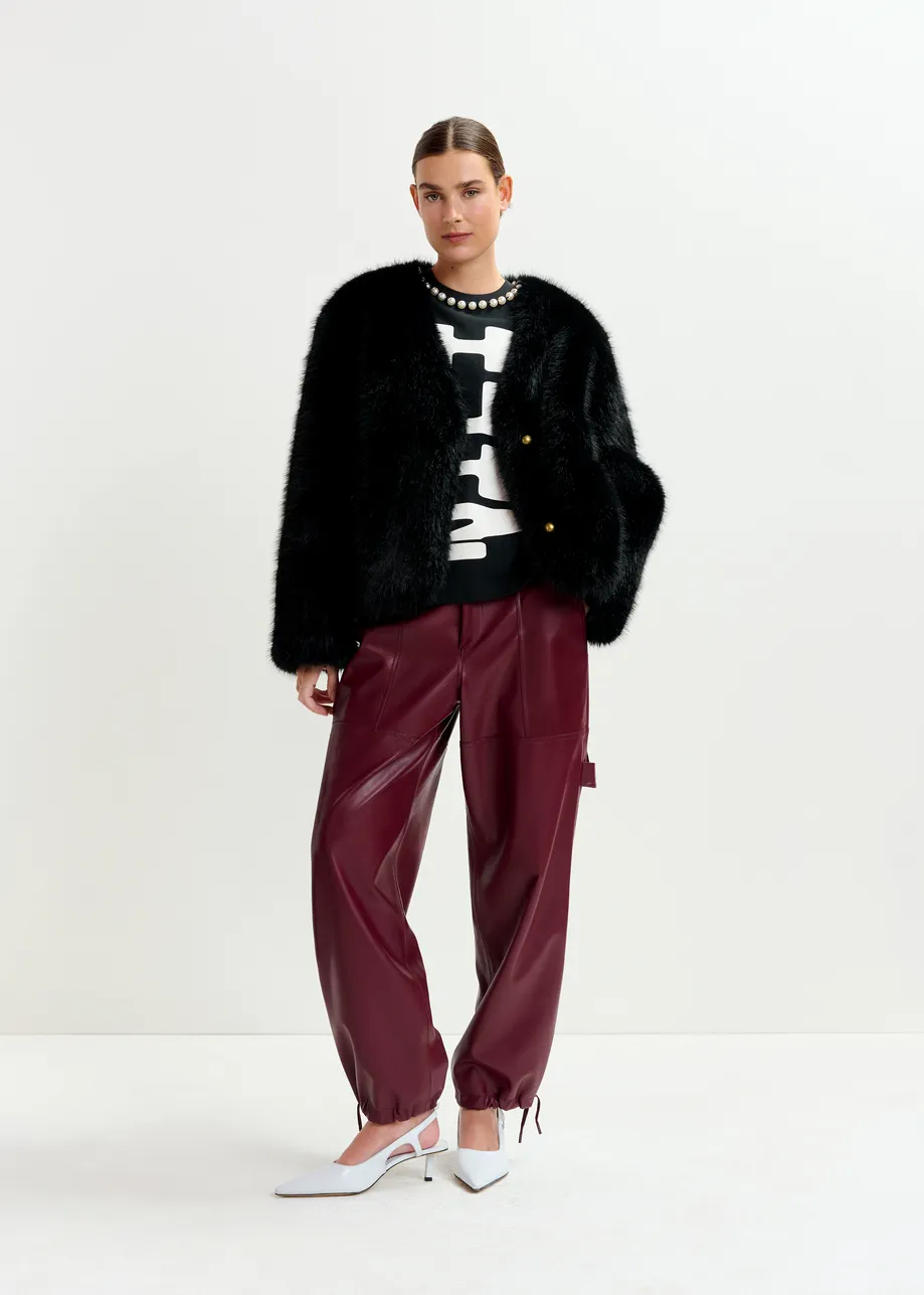 Burgundy faux leather tapered cargo pants