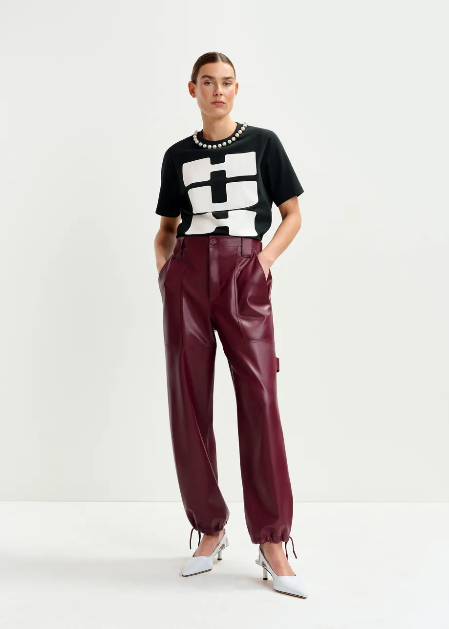 Burgundy faux leather tapered cargo pants