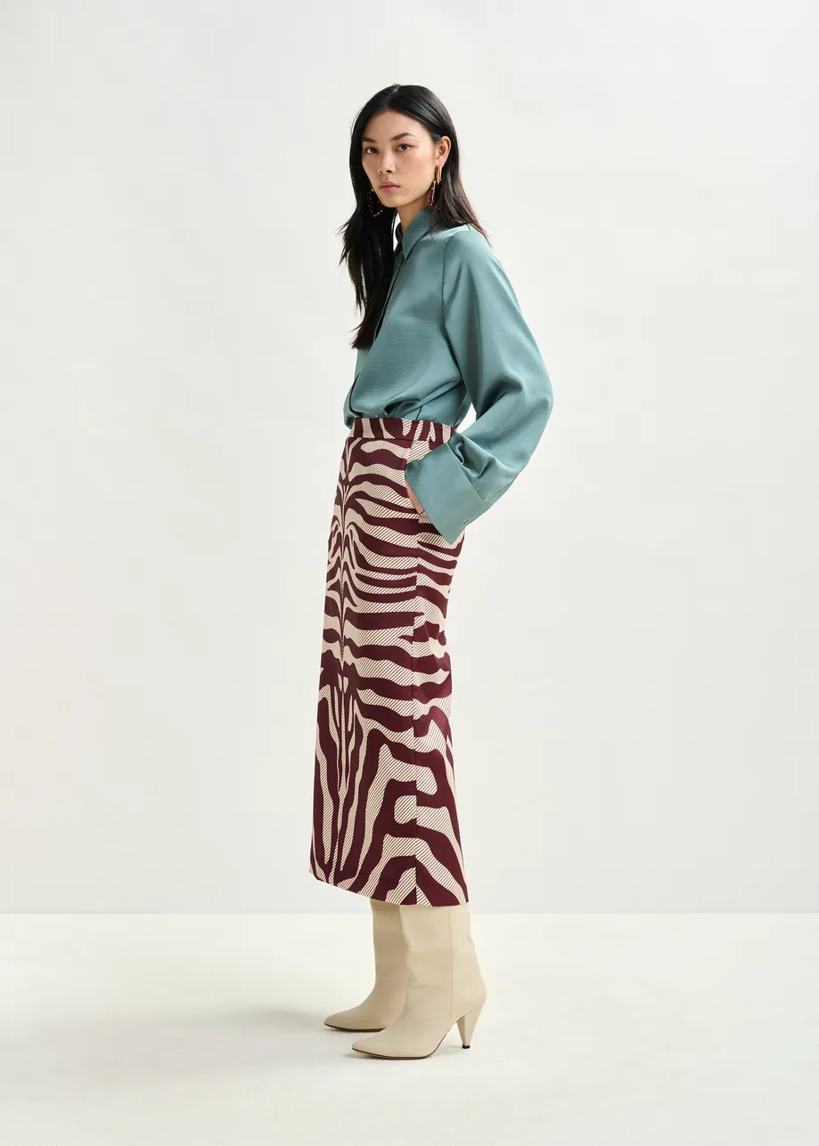 Burgundy and off-white maxi-length skirt with floral print
