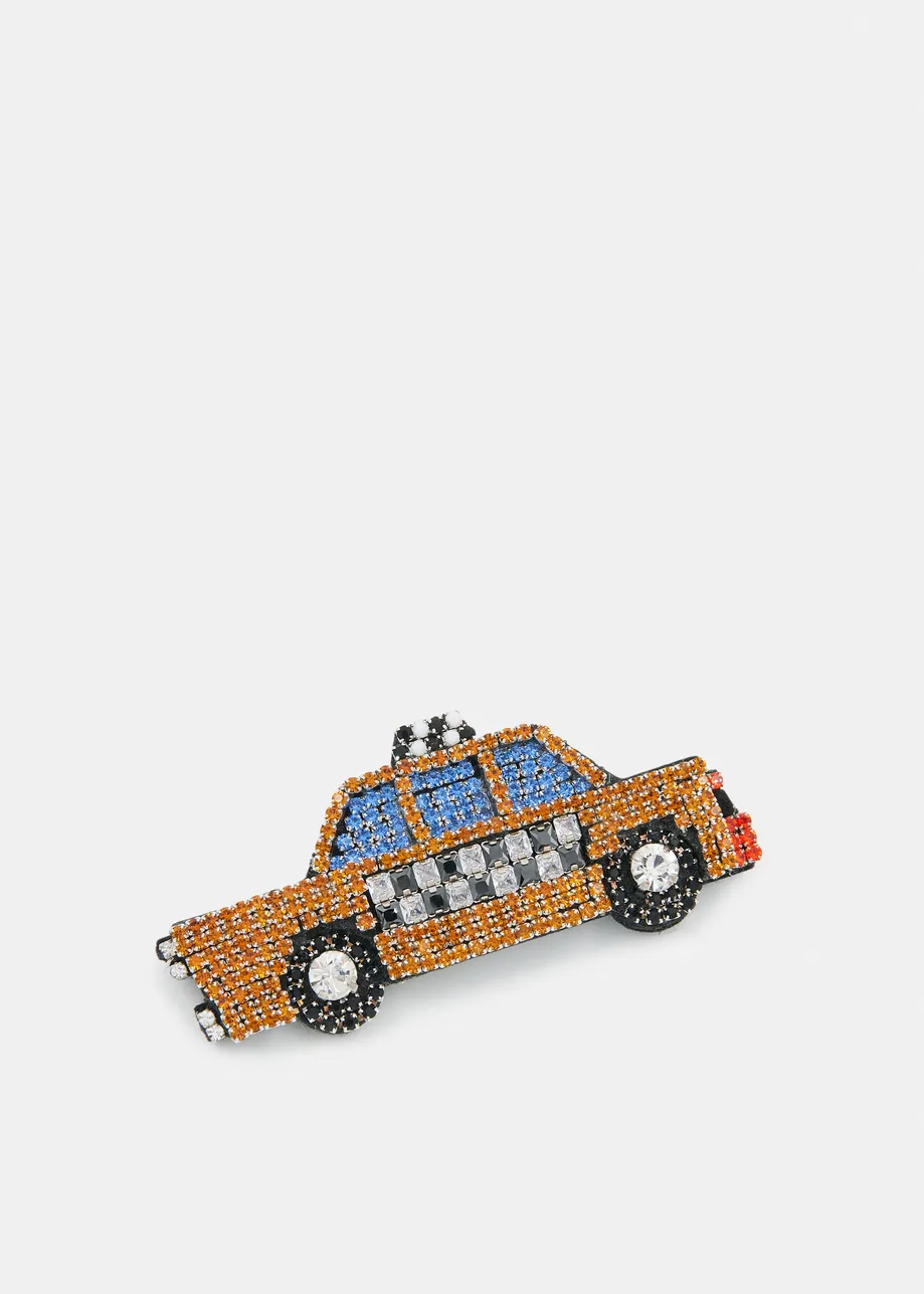 Yellow, blue and back rhinestone taxi brooch