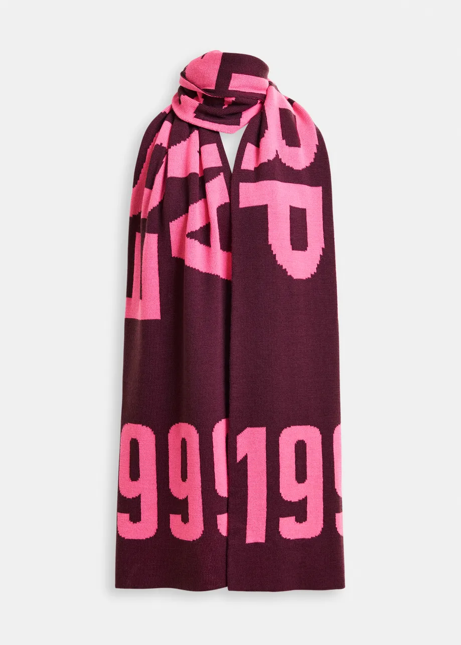 Burgundy and pink intarsia-knit logo scarf