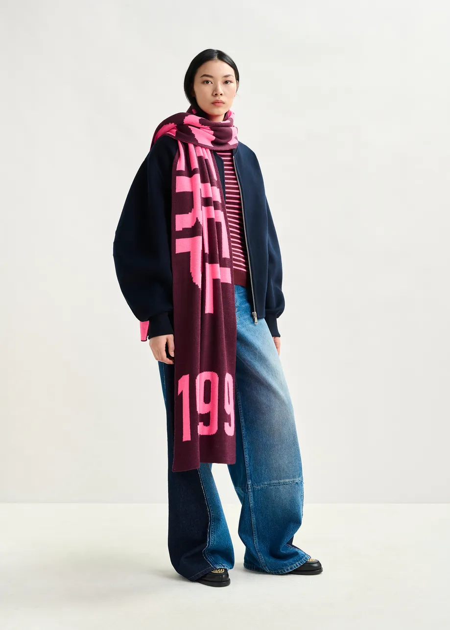 Burgundy and pink intarsia-knit logo scarf