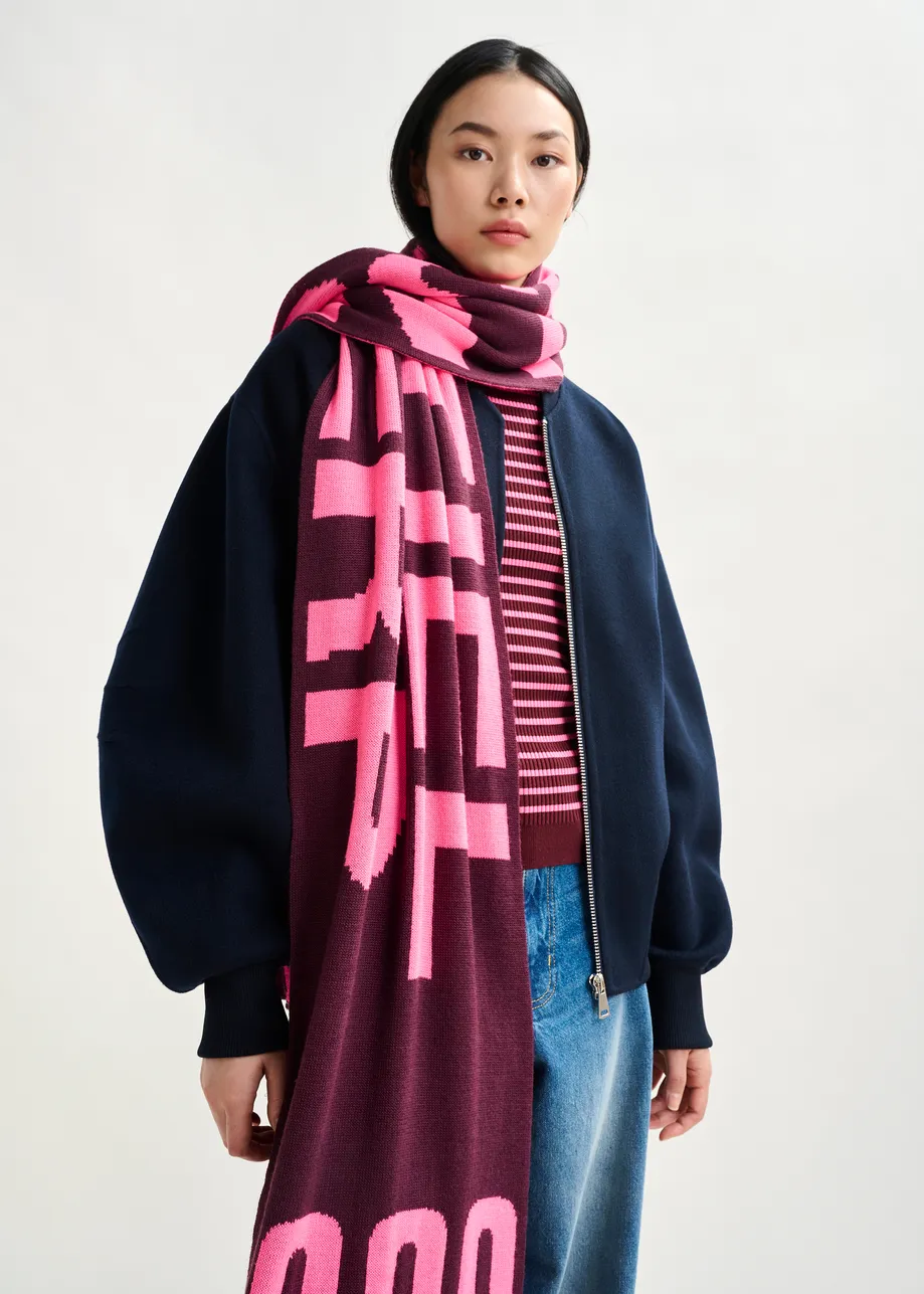 Burgundy and pink intarsia-knit logo scarf