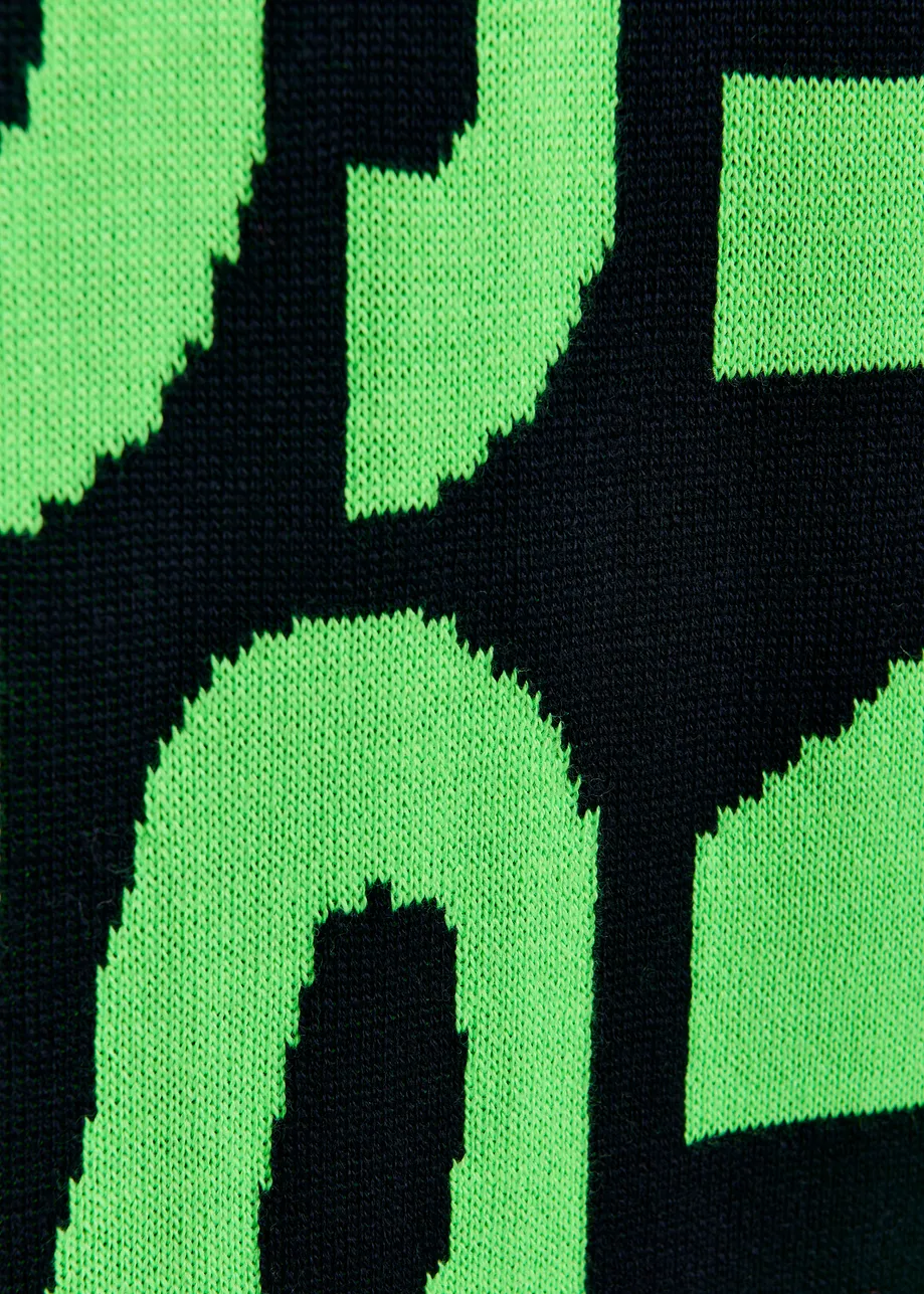 Black and green intarsia-knit logo scarf