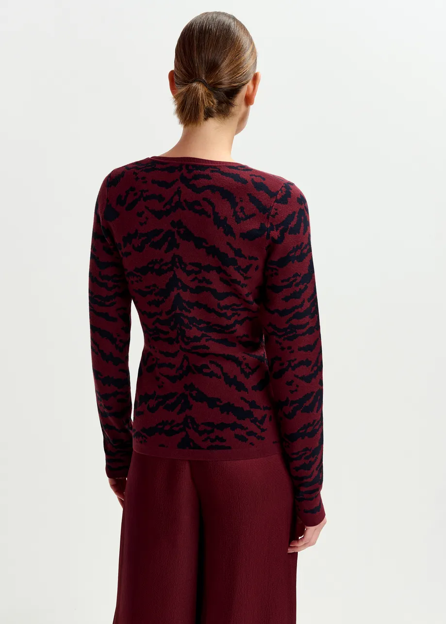 Burgundy and black zebra-print knitted sweater