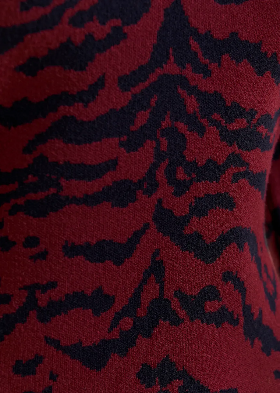 Burgundy and black zebra-print knitted sweater