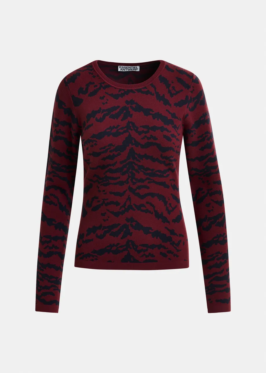 Burgundy and black zebra-print knitted sweater