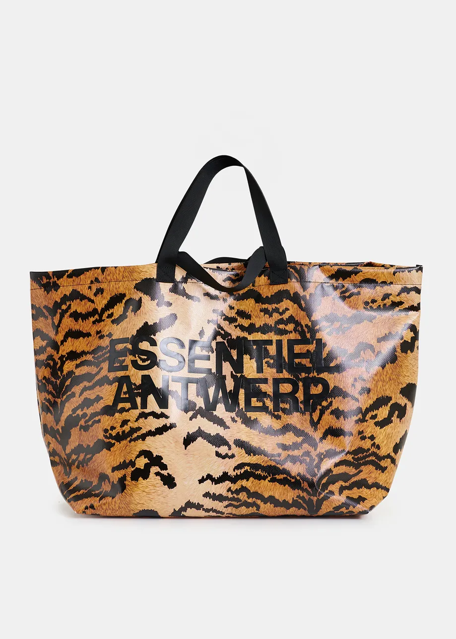 Borsa shopper oversize nera e marrone con stampa leopardata 
