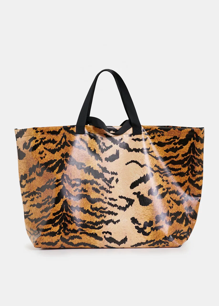 Borsa shopper oversize nera e marrone con stampa leopardata 