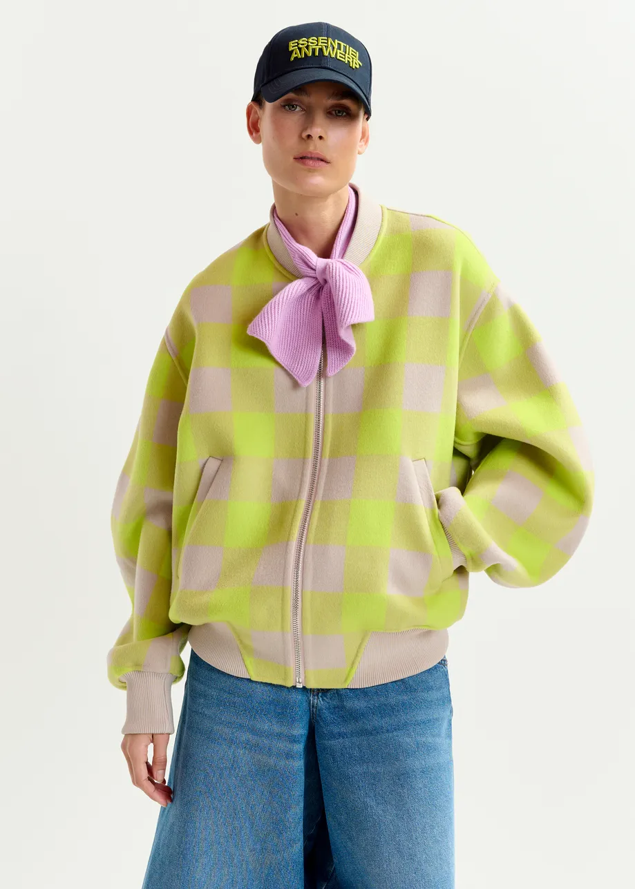 Yellow and beige checked wool bomber jacket