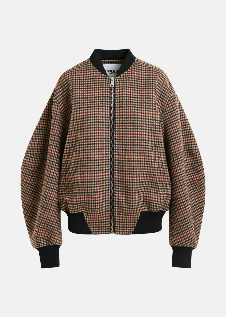 Brown, red and black checked wool bomber jacket