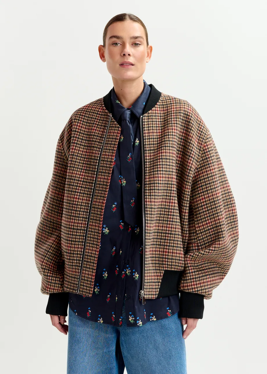 Brown, red and black checked wool bomber jacket